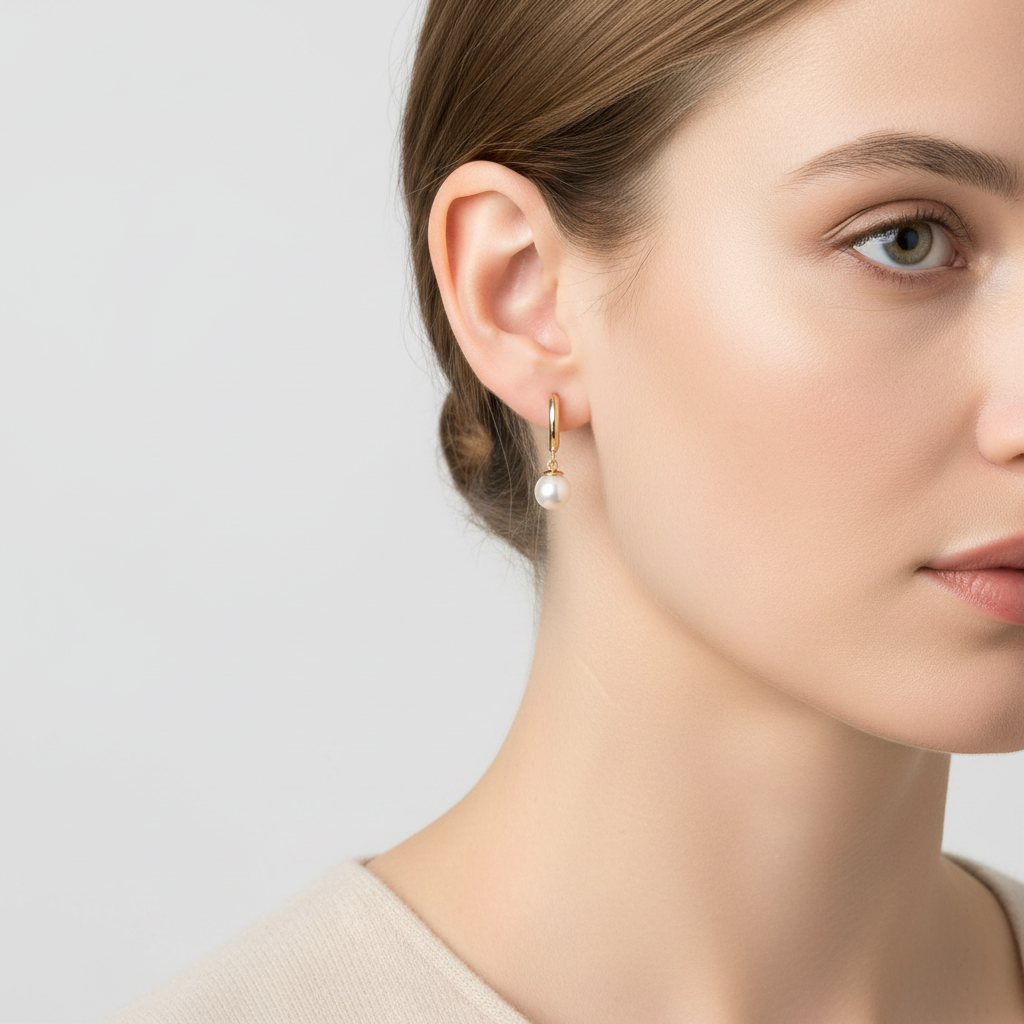 14K Yellow Gold Pearl Hoop Huggie Earring