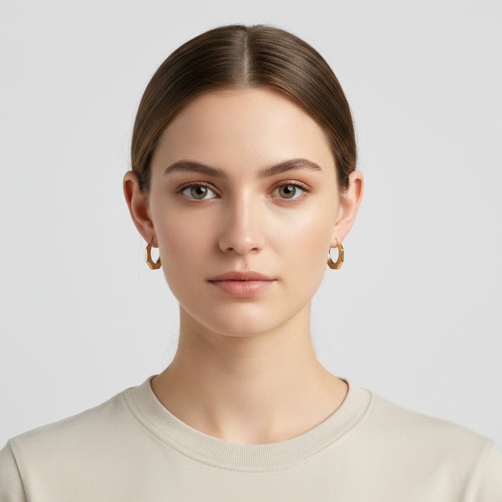 14K Yellow Gold Octagonal Design Hoop Earrings