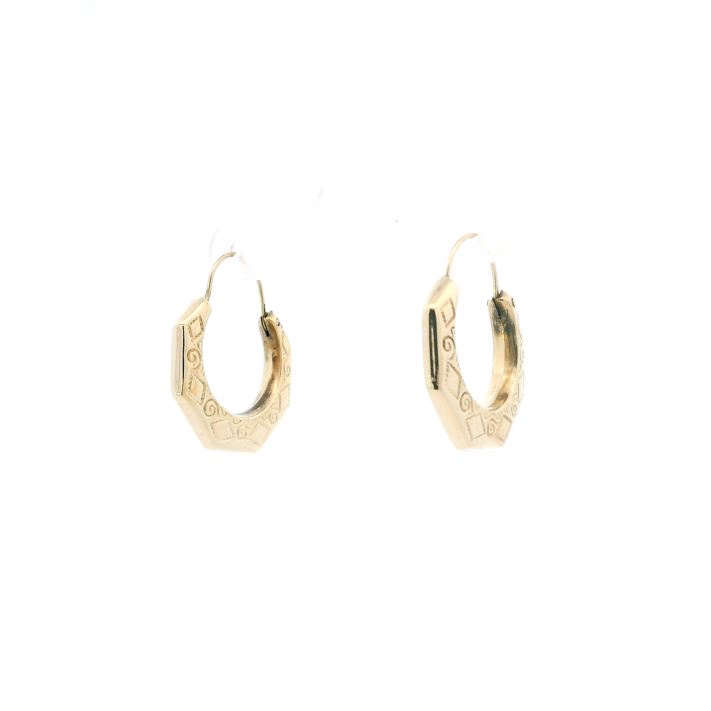 14K Yellow Gold Octagonal Design Hoop Earrings