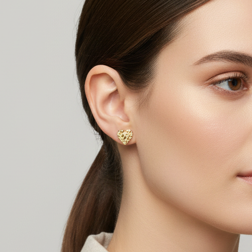 14K Yellow Gold Nugget Heart Stud Earrings