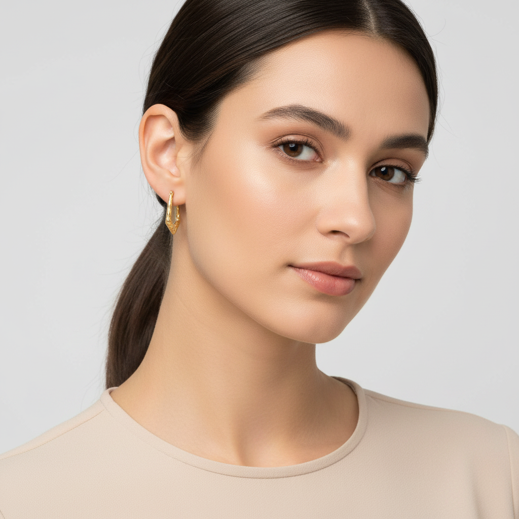 14K Yellow Gold Diamond cut Oblong Hoop Earrings