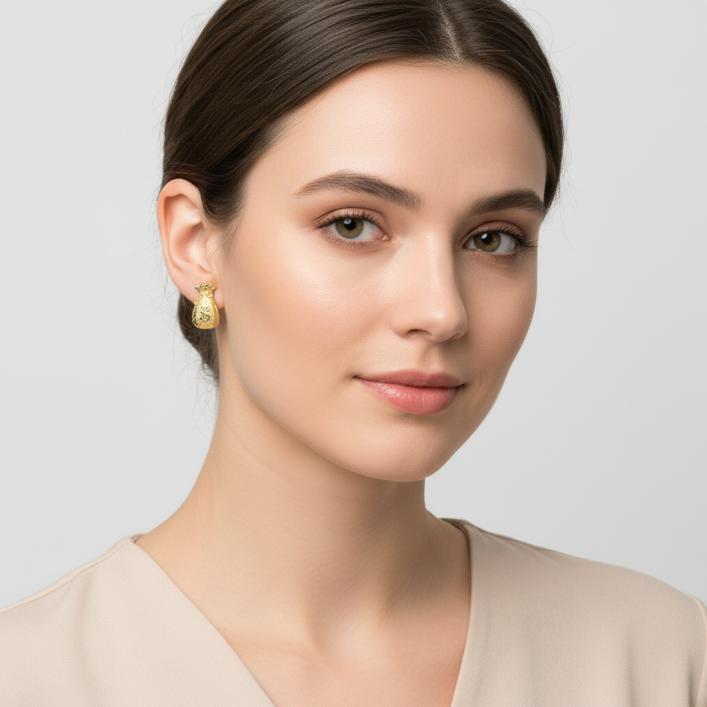 10K Yellow Gold Diamond Cut Money Bag Earrings