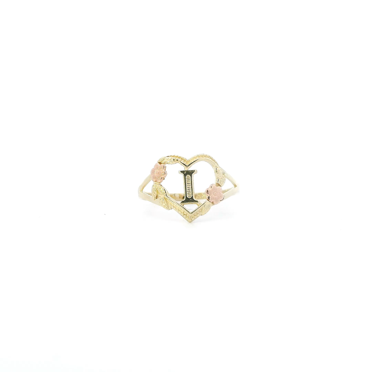14K Yellow & Rose Gold Letter "I" Heart With Flower Womens Ring