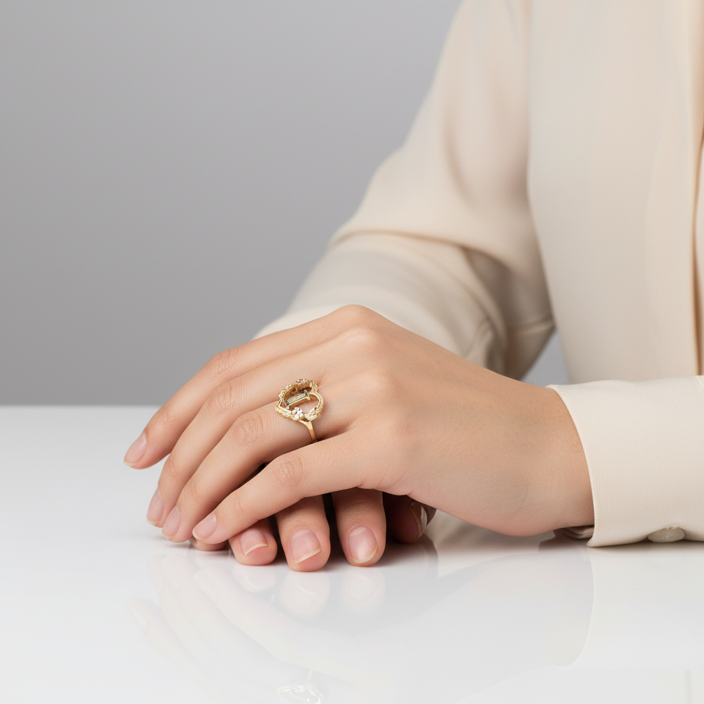 14K Yellow & Rose Gold Letter "I" Heart With Flower Womens Ring