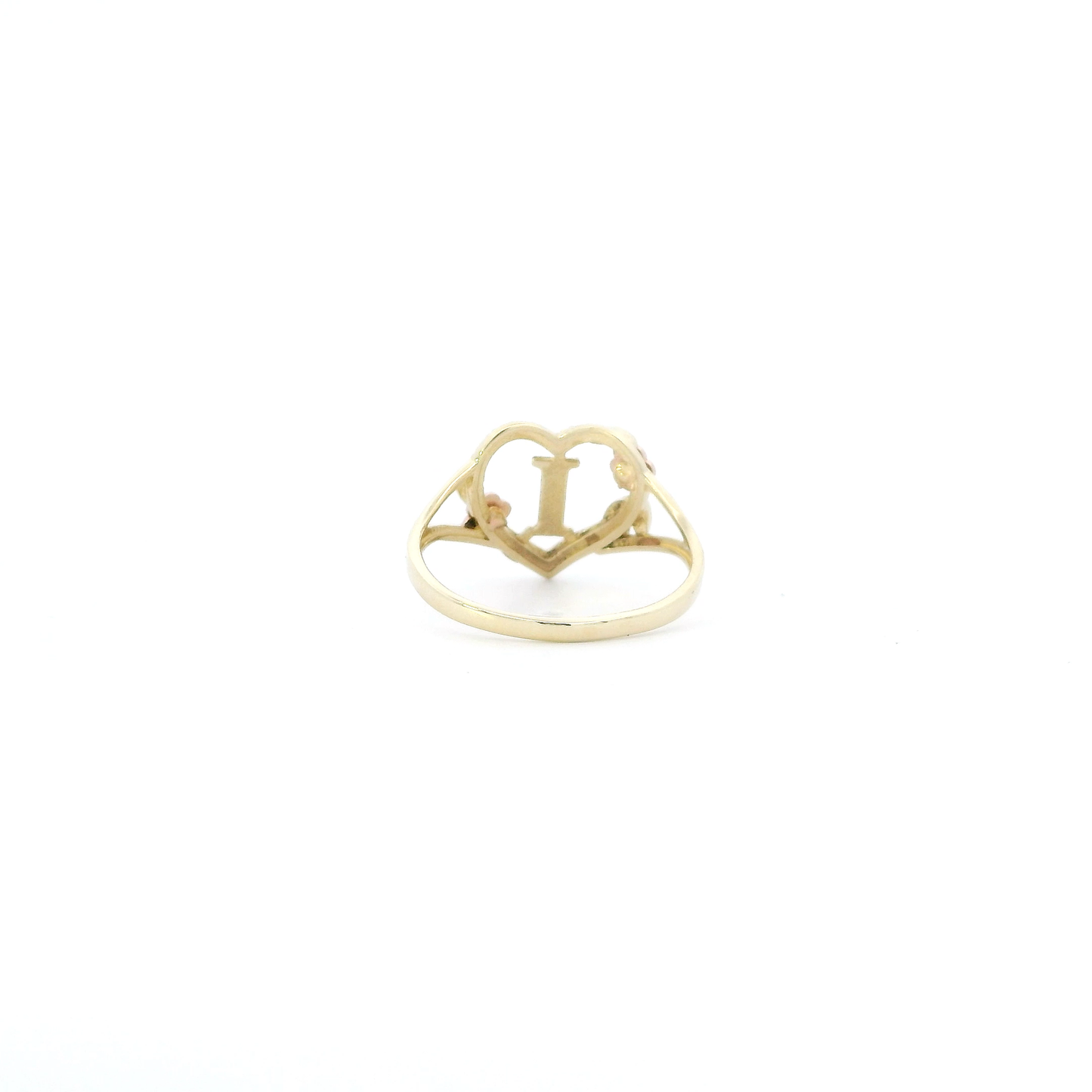 14K Yellow & Rose Gold Letter "I" Heart With Flower Womens Ring