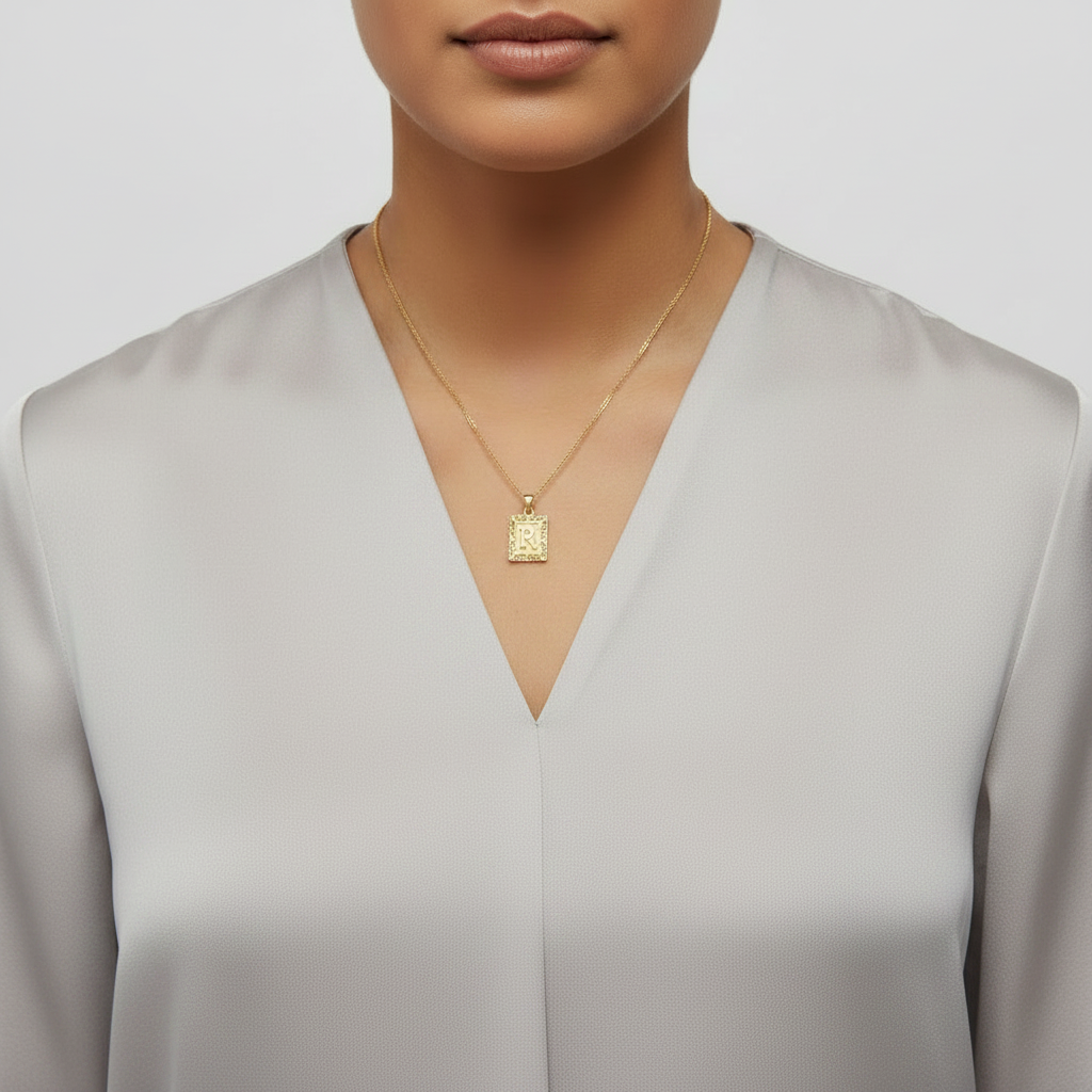 10K Yellow Gold Rectangle "R" Pendant