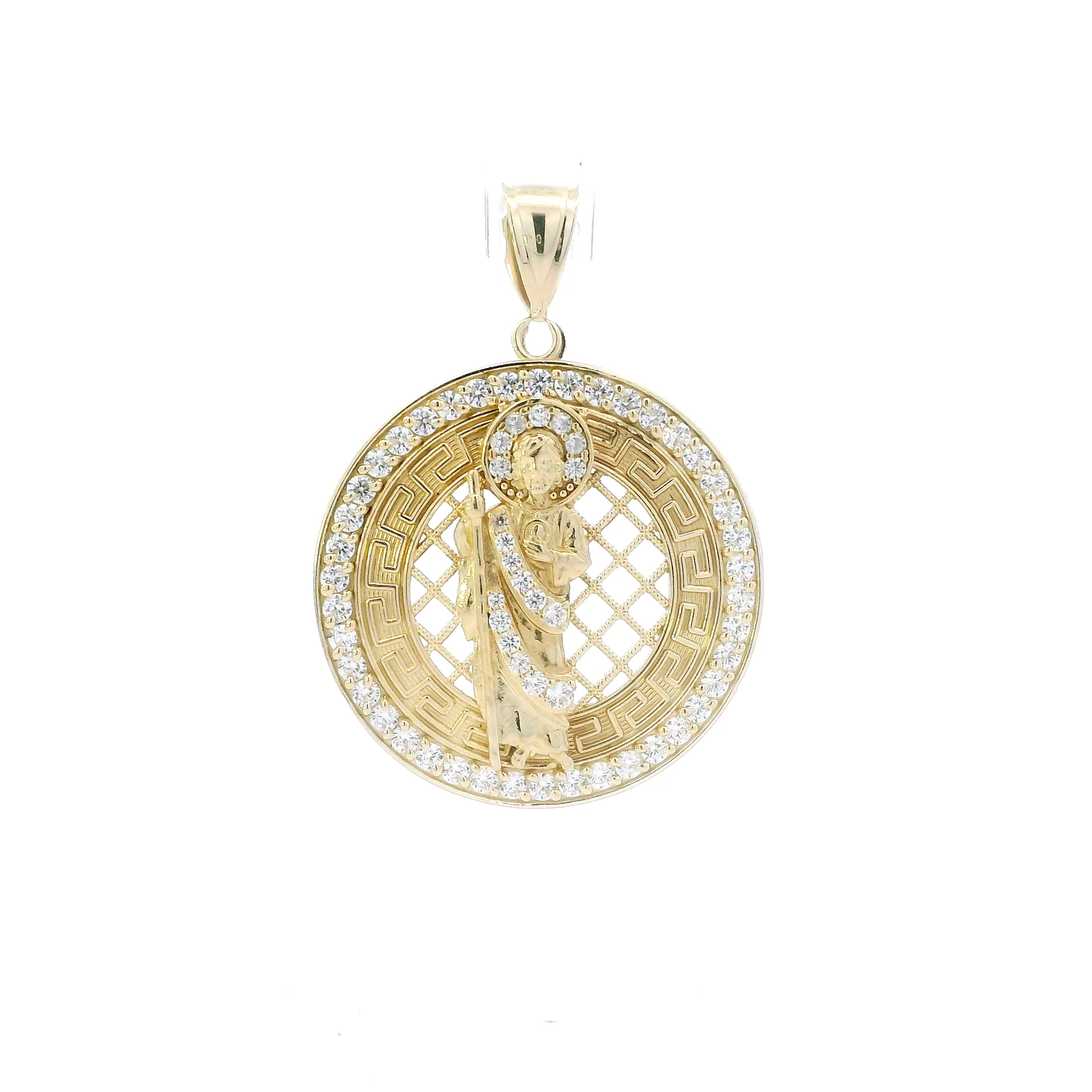 14K Yellow Gold Cz Round Greek Design Religious Pendant
