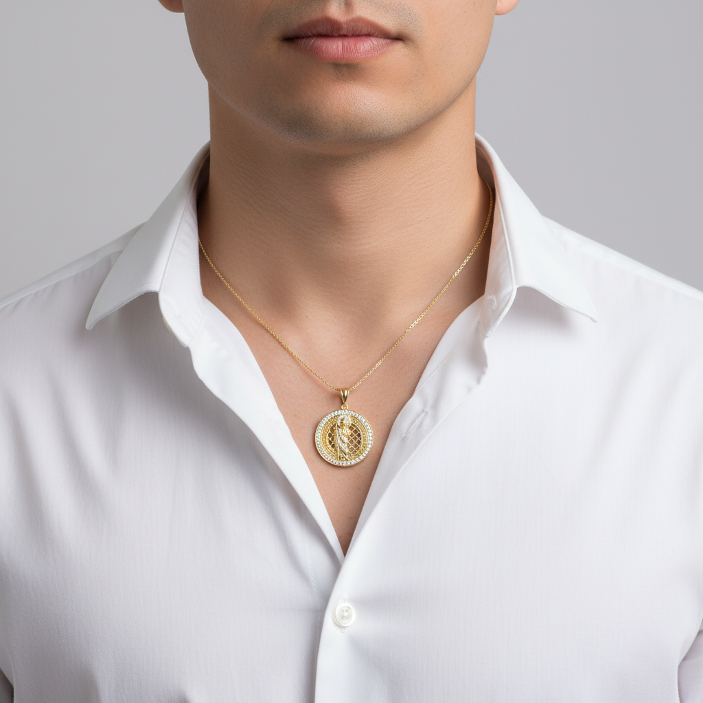 14K Yellow Gold Cz Round Greek Design Religious Pendant