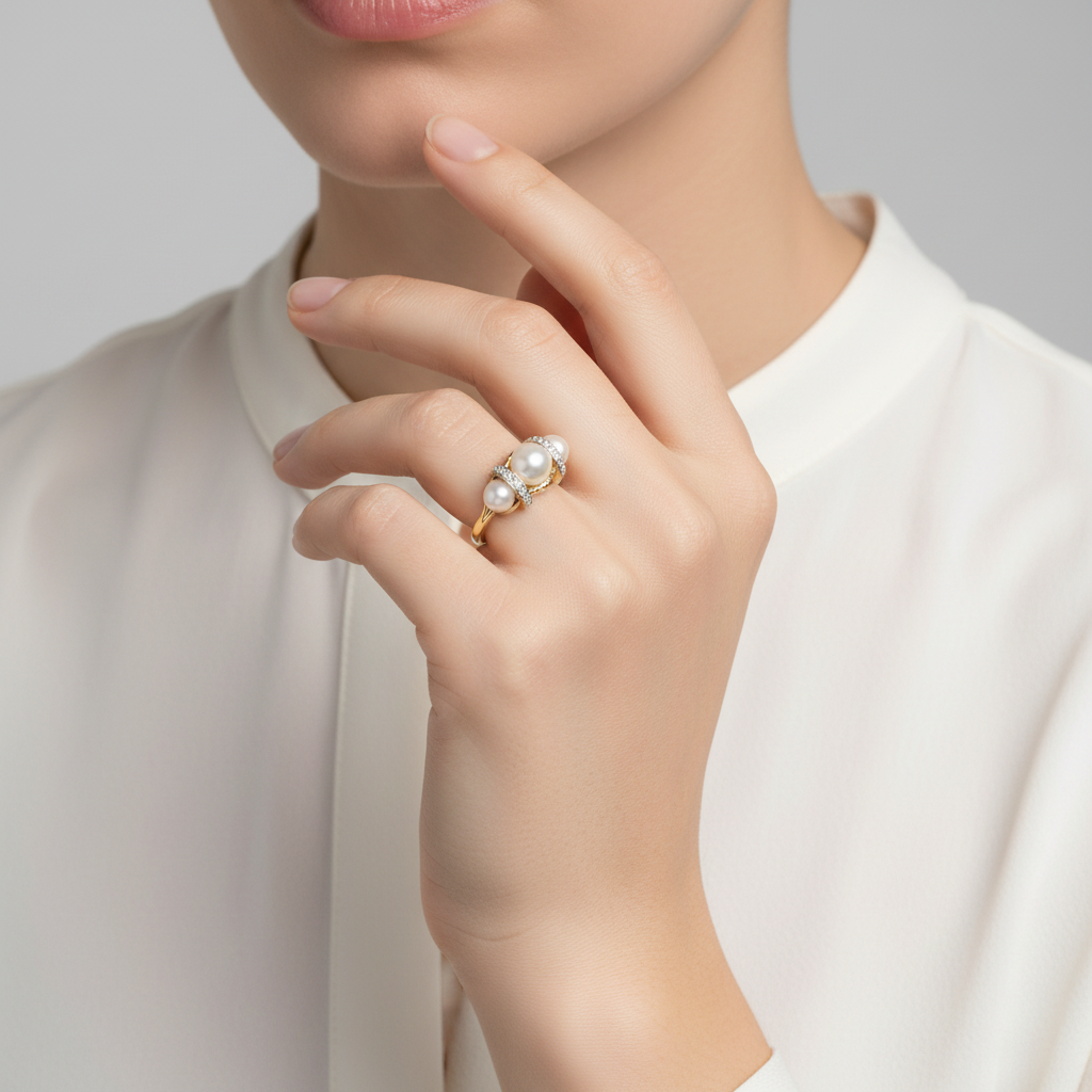 14K Yellow Gold Pearl Womens Rings