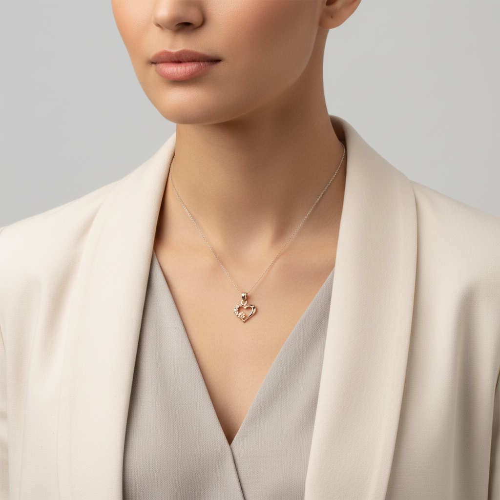 14K Yellow & Rose Gold Cz & Flower Heart Pendant