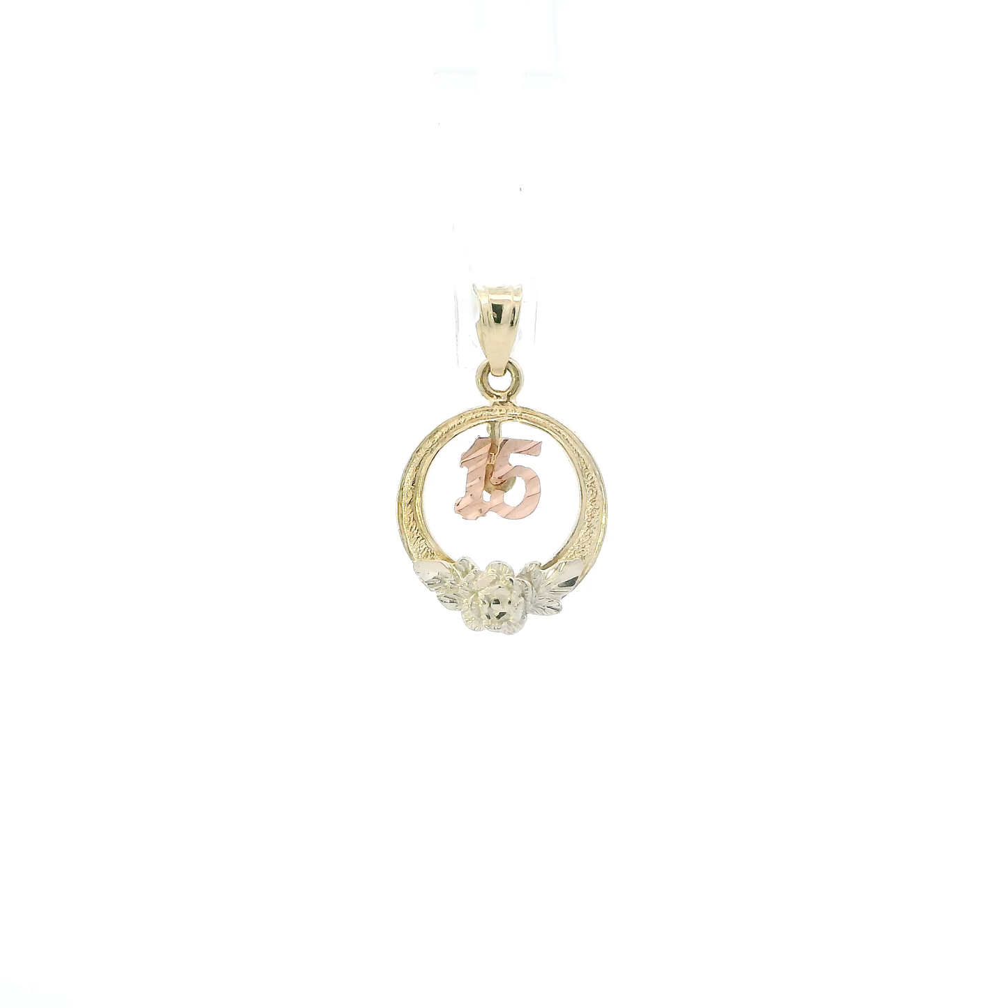 14K Tri Color Gold Round "15" Flower Pendant