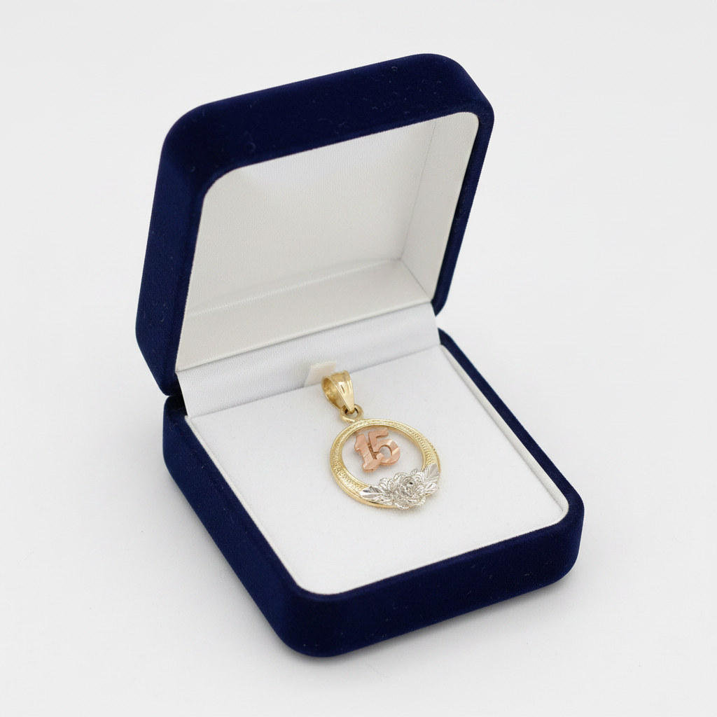 14K Tri Color Gold Round "15" Flower Pendant