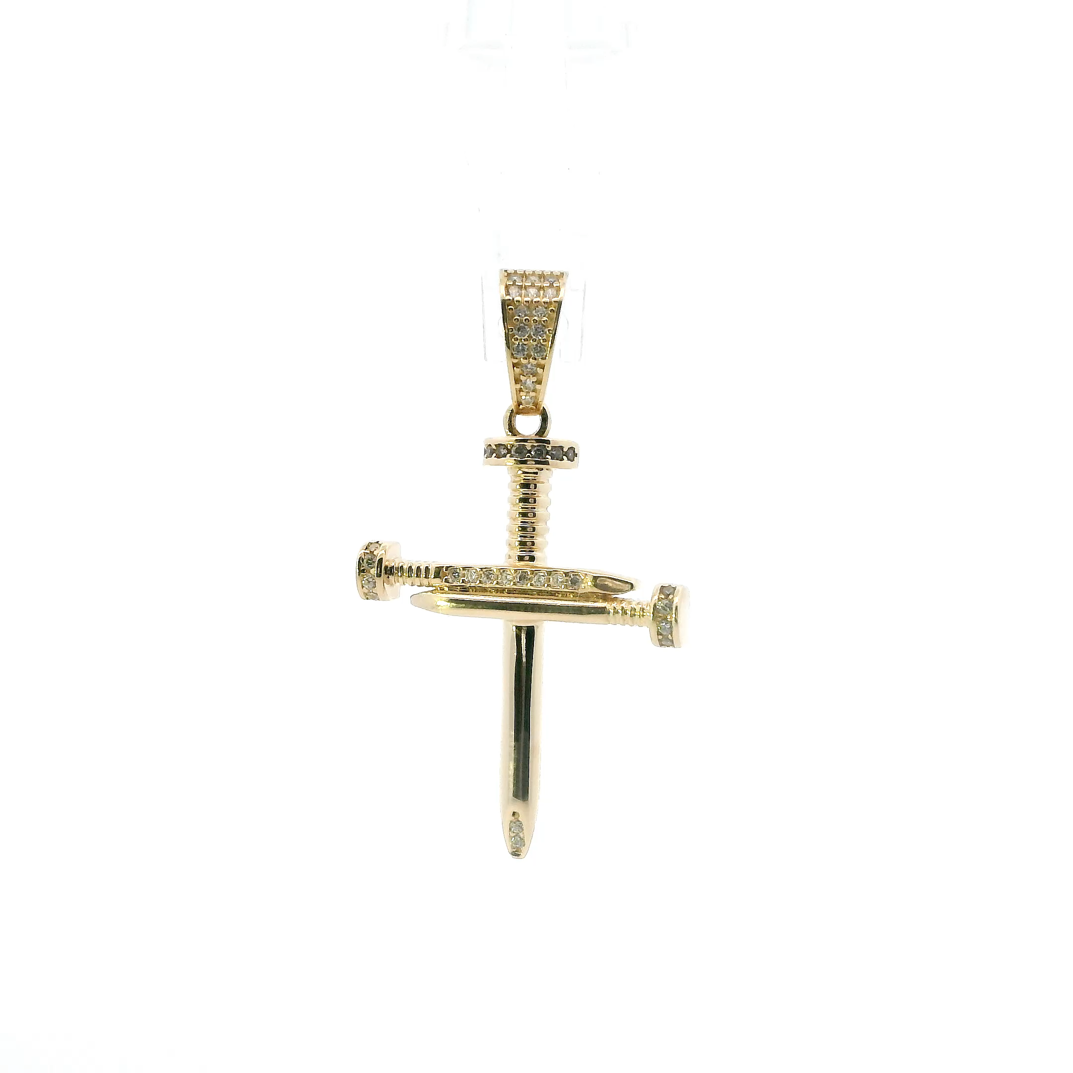 14K Yellow Gold Cz Nail Cross Pendant