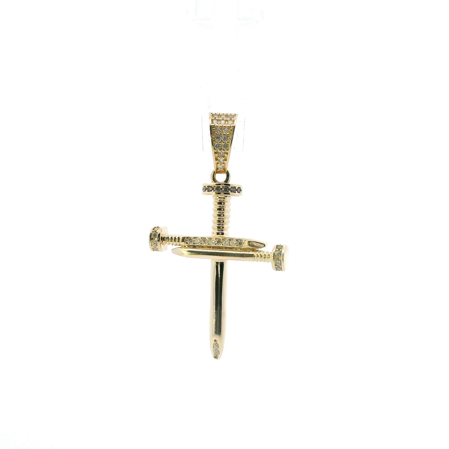 14K Yellow Gold Cz Nail Cross Pendant