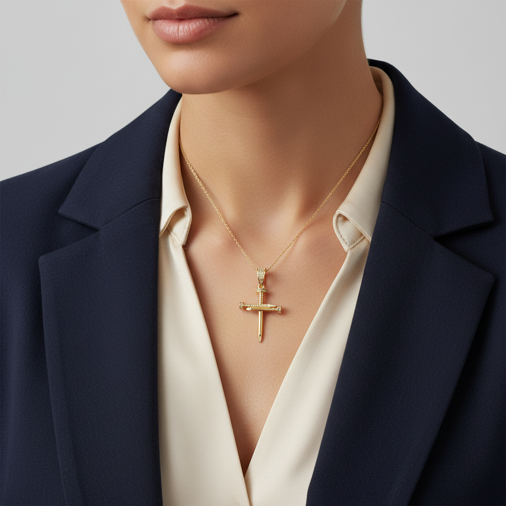 14K Yellow Gold Cz Nail Cross Pendant