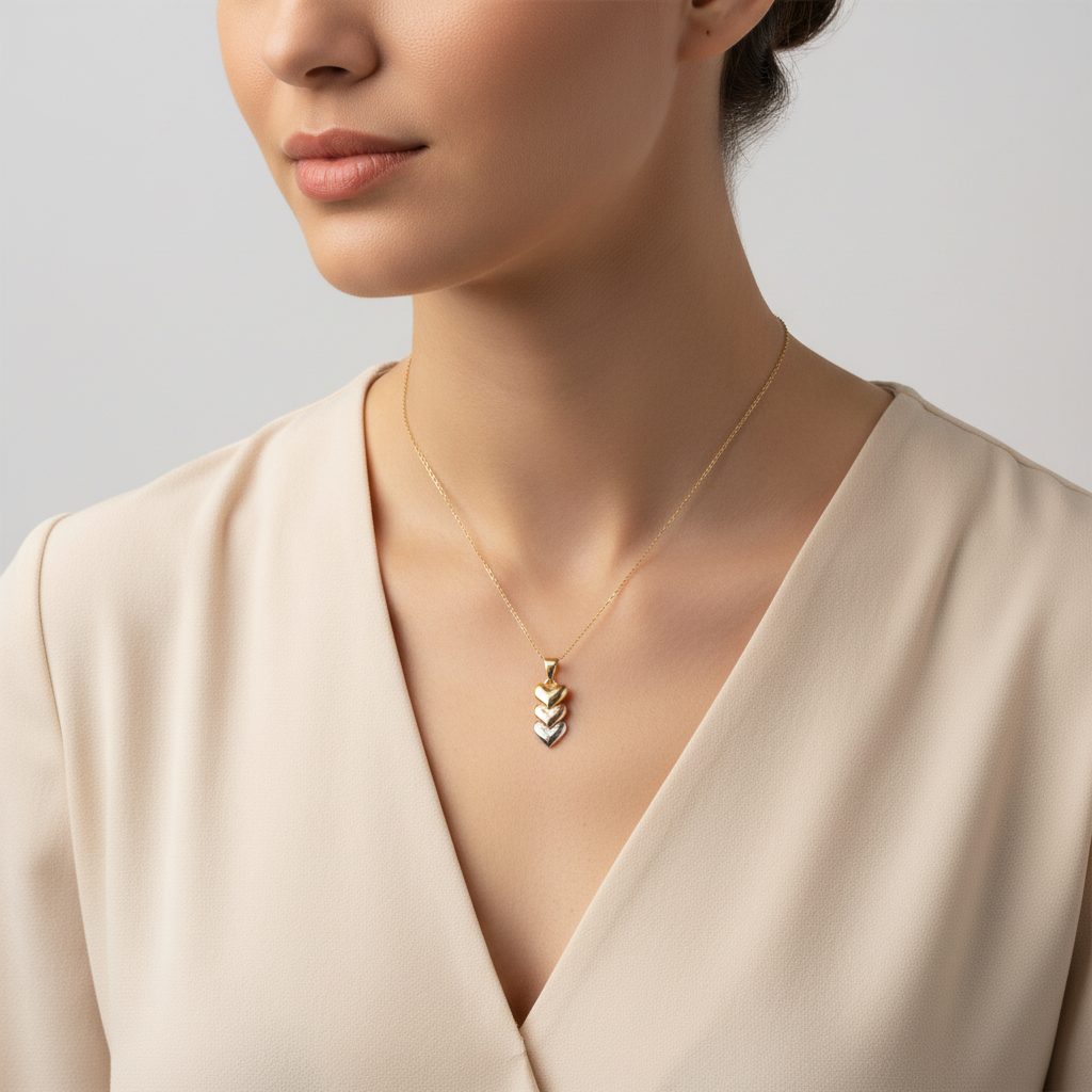 14K Tri Color Gold Diamond Cut Heart Pendant