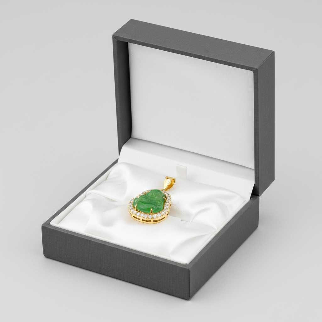 10K Yellow Gold Cz Jade Buddha Pendant