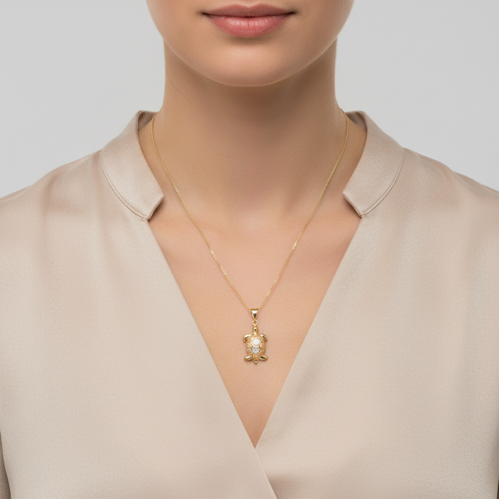14K Tri Color Gold Diamond Cut Turtle Pendant
