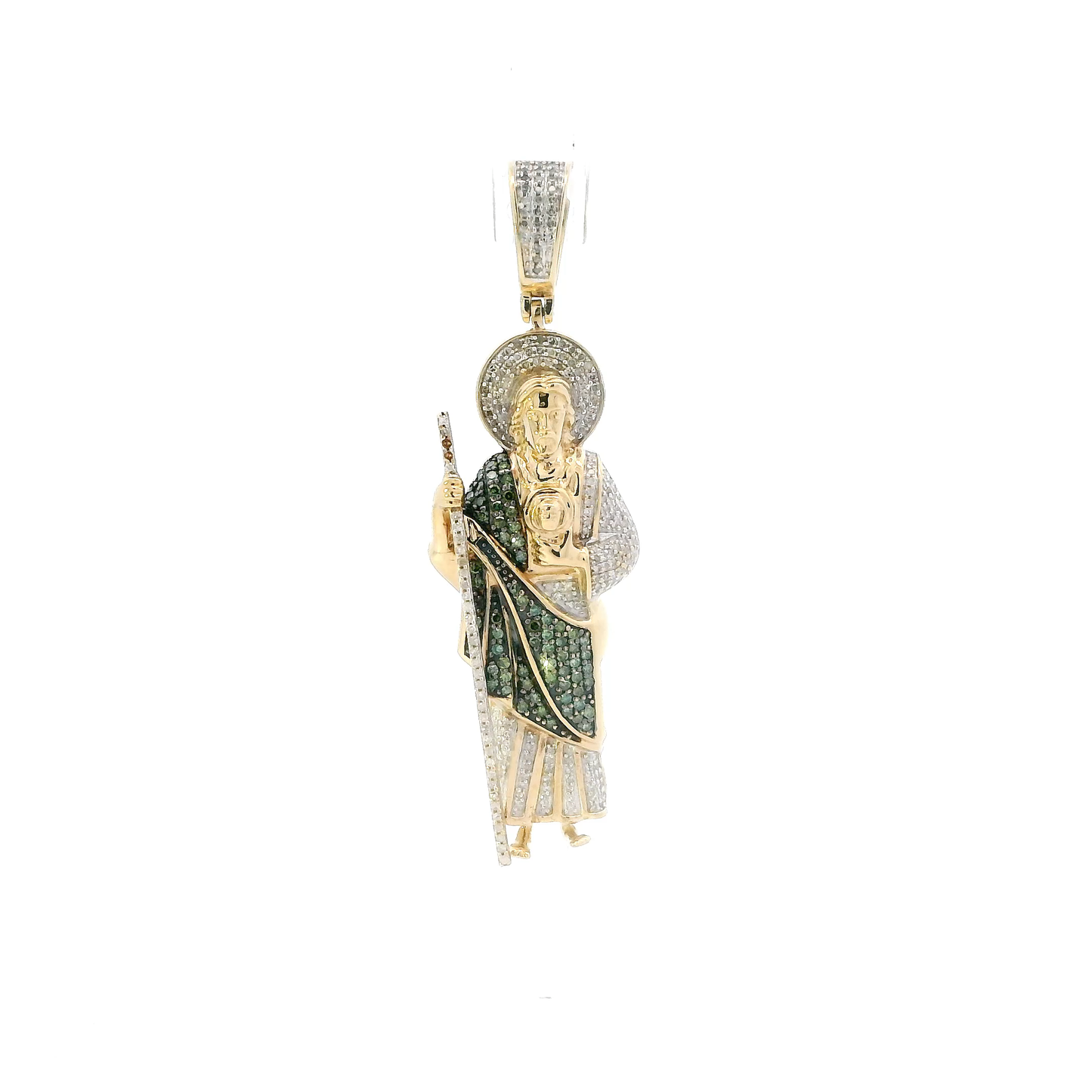 10K Yellow Gold green & White Pave Diamond Religious Figure Pendant