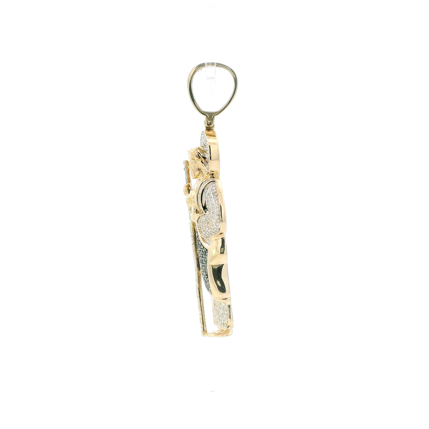 10K Yellow Gold green & White Pave Diamond Religious Figure Pendant