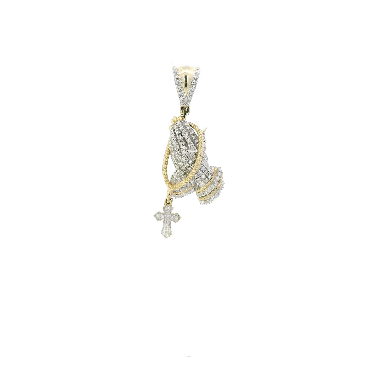 10K Yellow & White Gold Praying Hands & Dangle Cross Pendant
