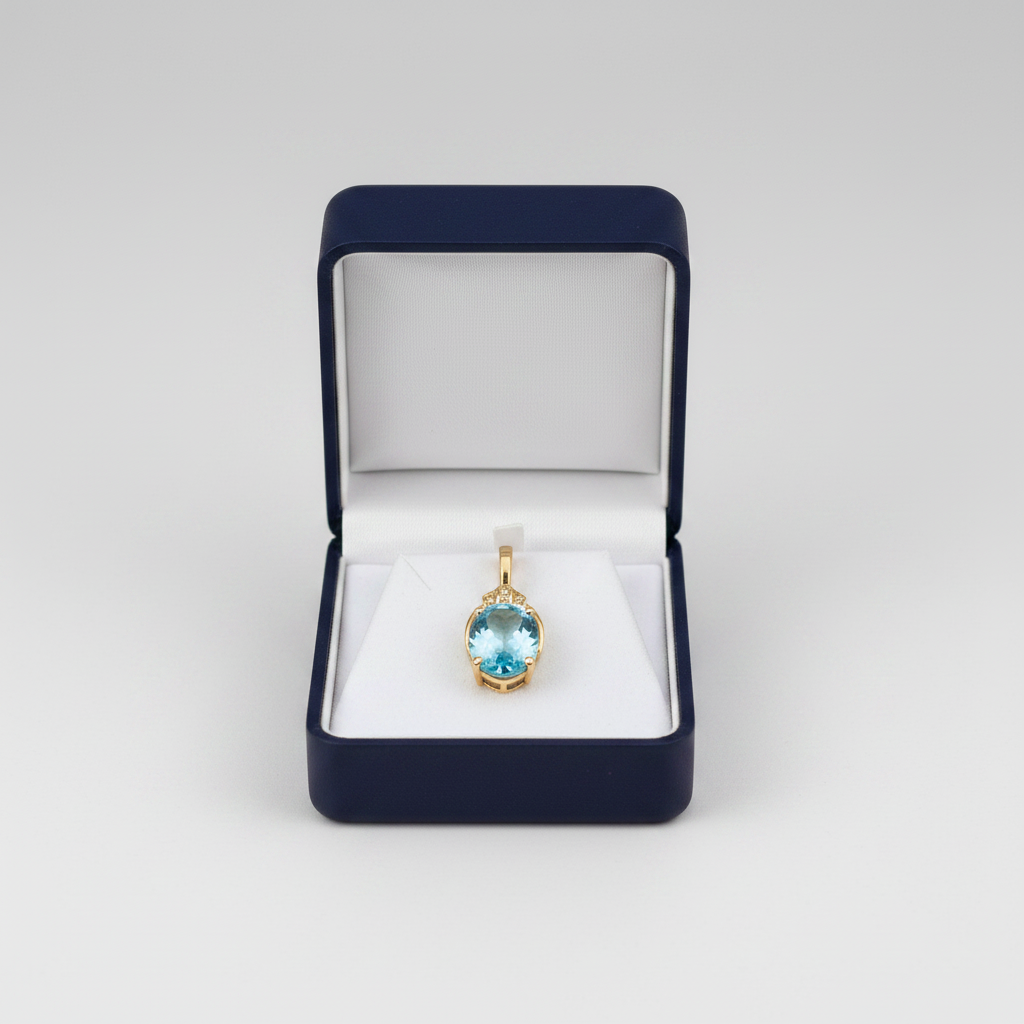 14K Yellow Gold Oval Blue Topaz & Diamond Pendant - 0.06ct