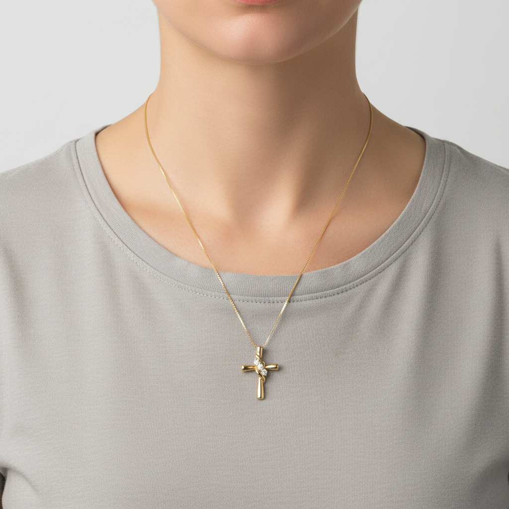 14K Yellow Gold 18" Box Chain & Diamond Cross Pendant- 0.12ct