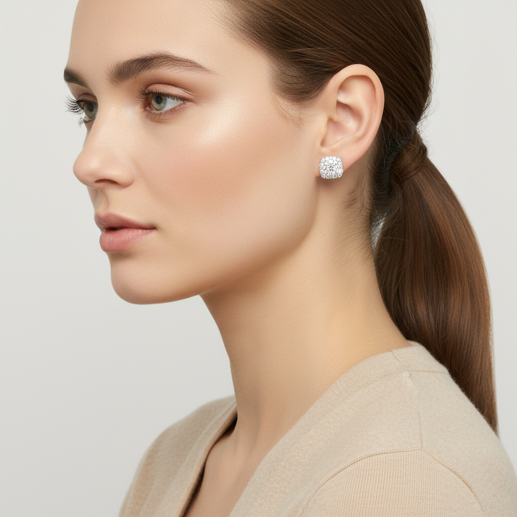 14K White Gold Square Diamond Earrings - 0.76ct