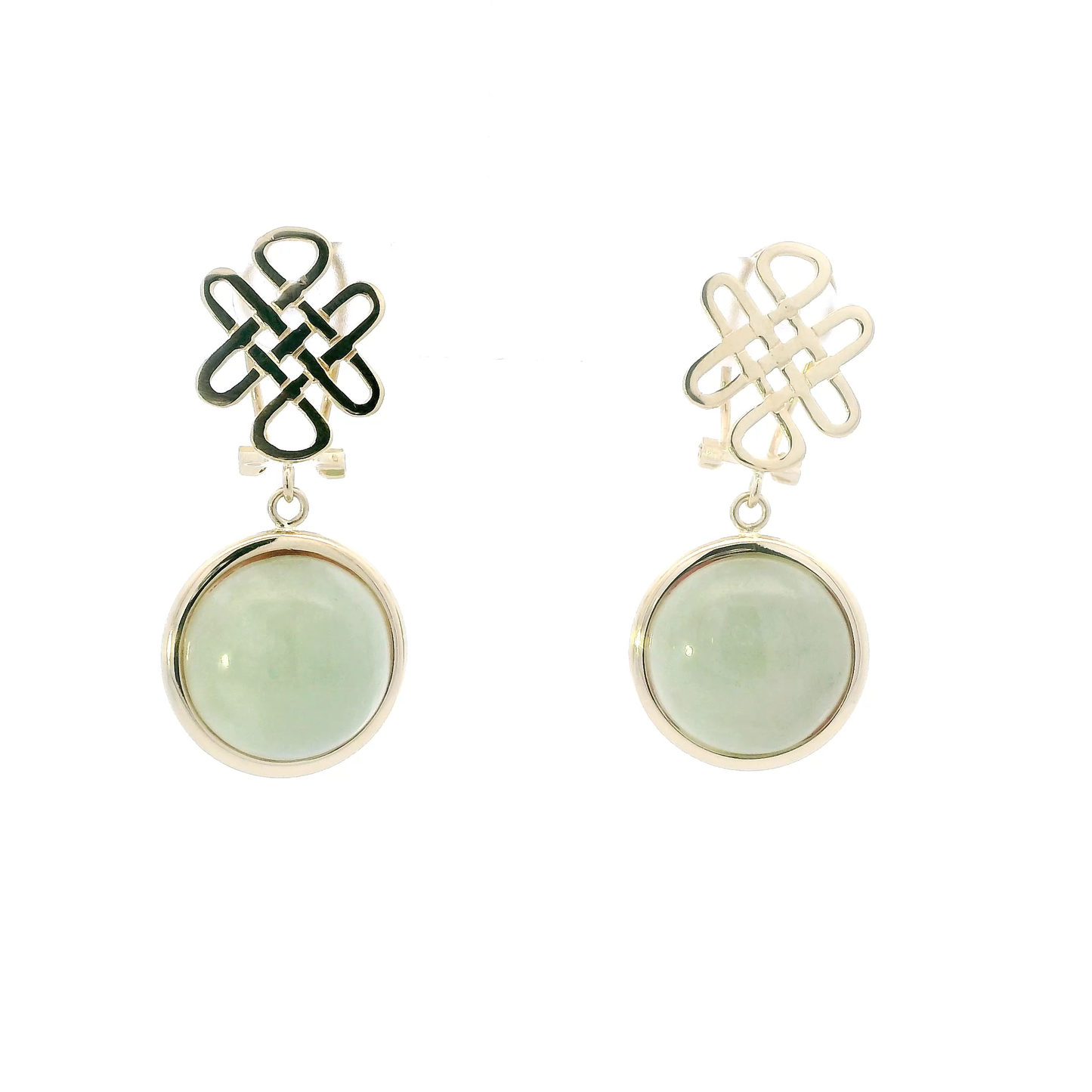 14K Yellow Gold Round Jade Dangle Earrings