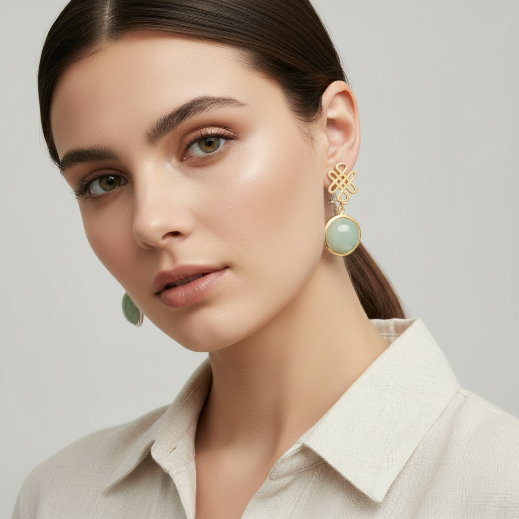 14K Yellow Gold Round Jade Dangle Earrings