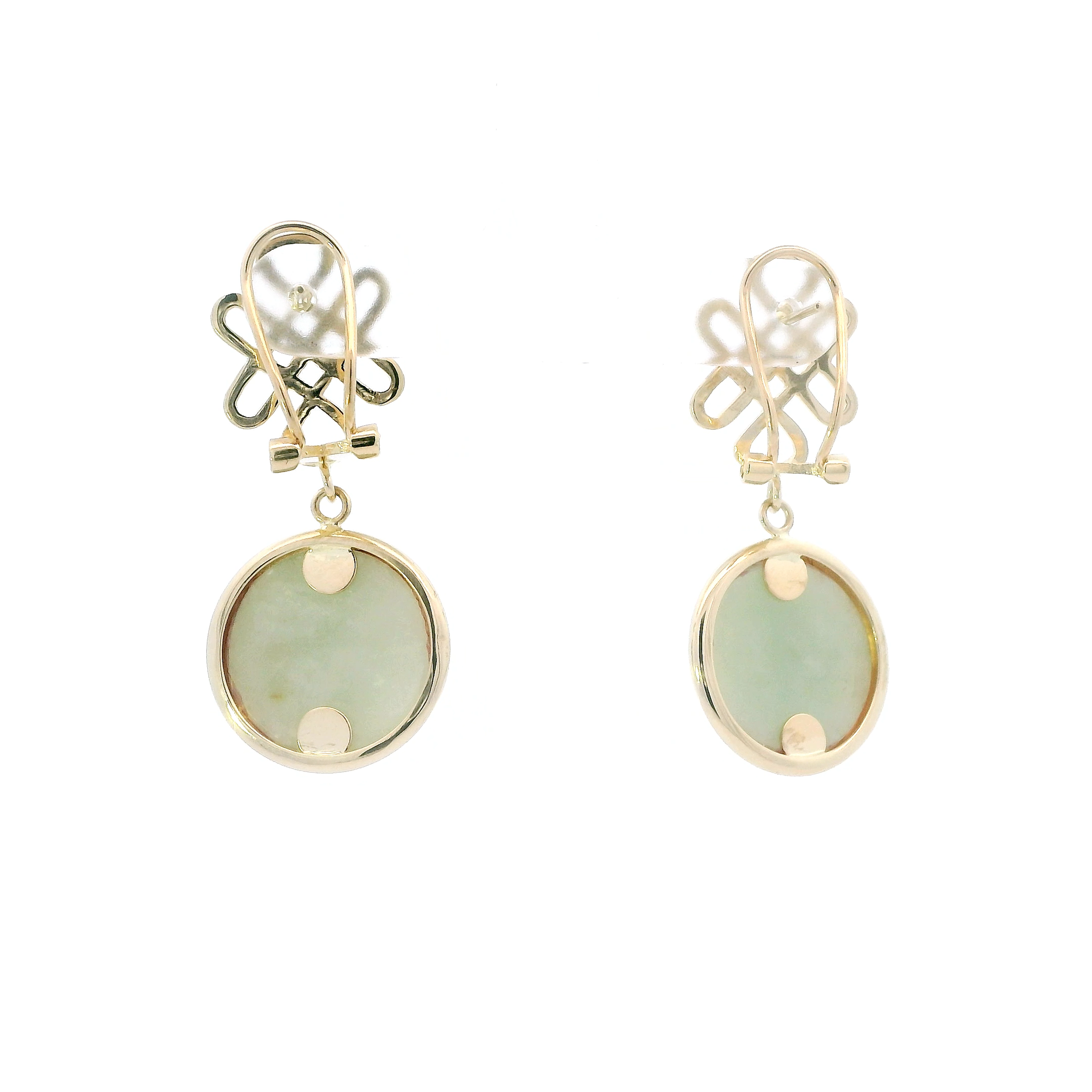 14K Yellow Gold Round Jade Dangle Earrings