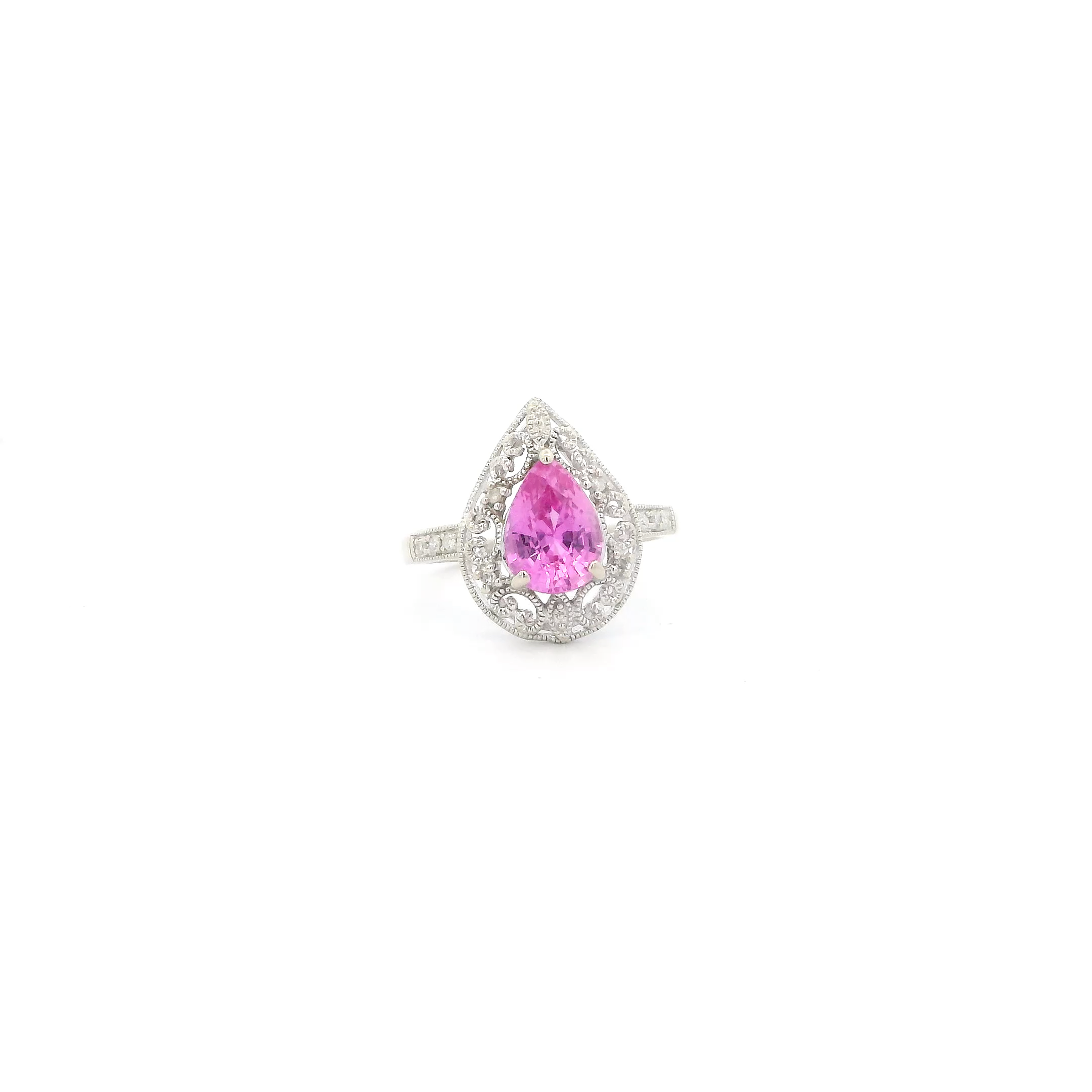 10K White Gold Pink Sapphire Filigree Womnes Ring