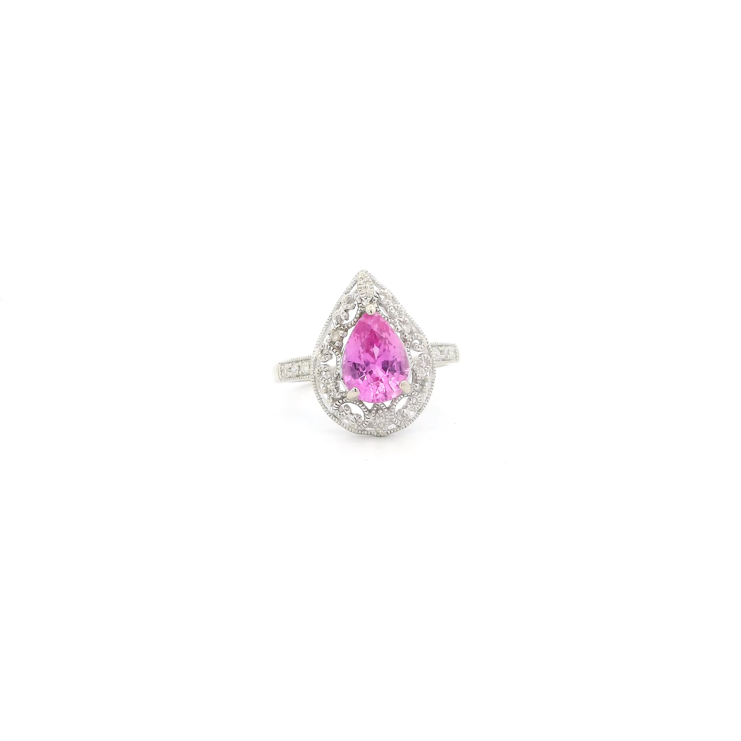 10K White Gold Pink Sapphire Filigree Womnes Ring