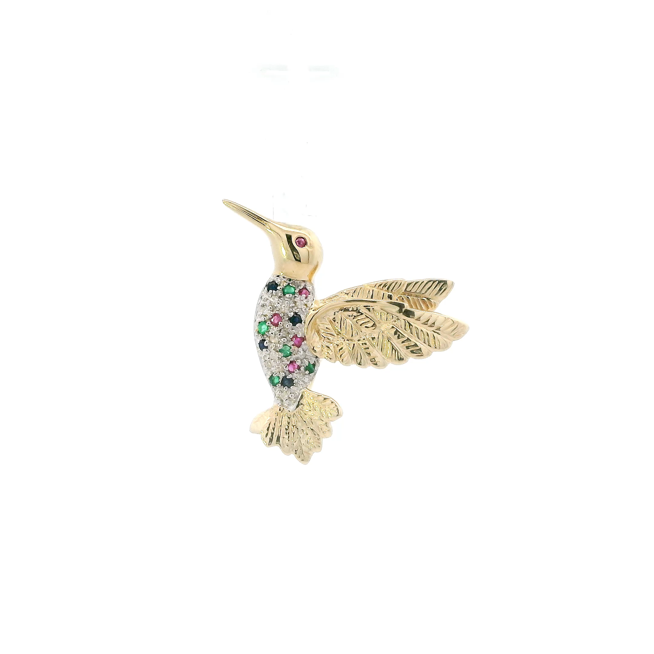 14K Yellow Gold Emeralds, Sapphire, Ruby Hummingbird Pin Pendant