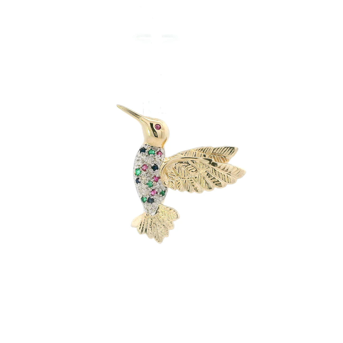 14K Yellow Gold Emeralds, Sapphire, Ruby Hummingbird Pin Pendant