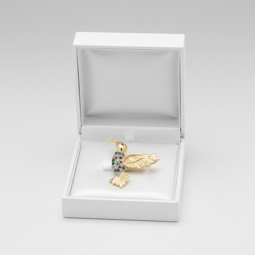 14K Yellow Gold Emeralds, Sapphire, Ruby Hummingbird Pin Pendant