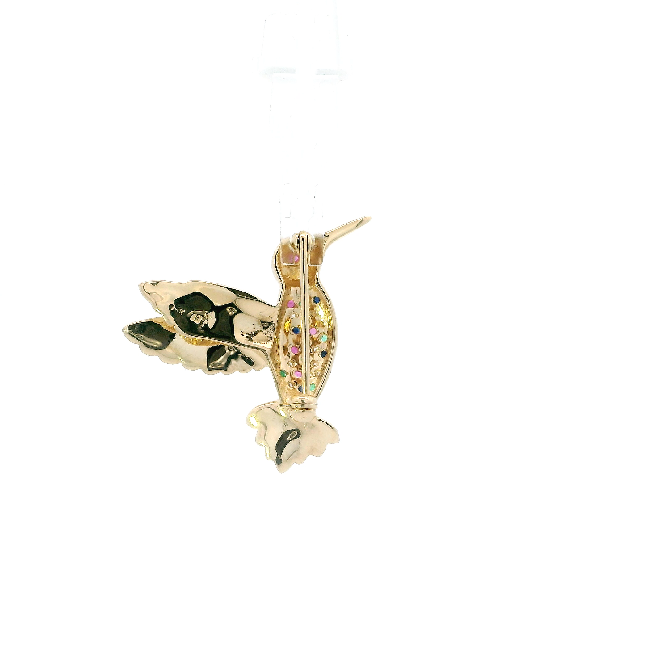 14K Yellow Gold Emeralds, Sapphire, Ruby Hummingbird Pin Pendant