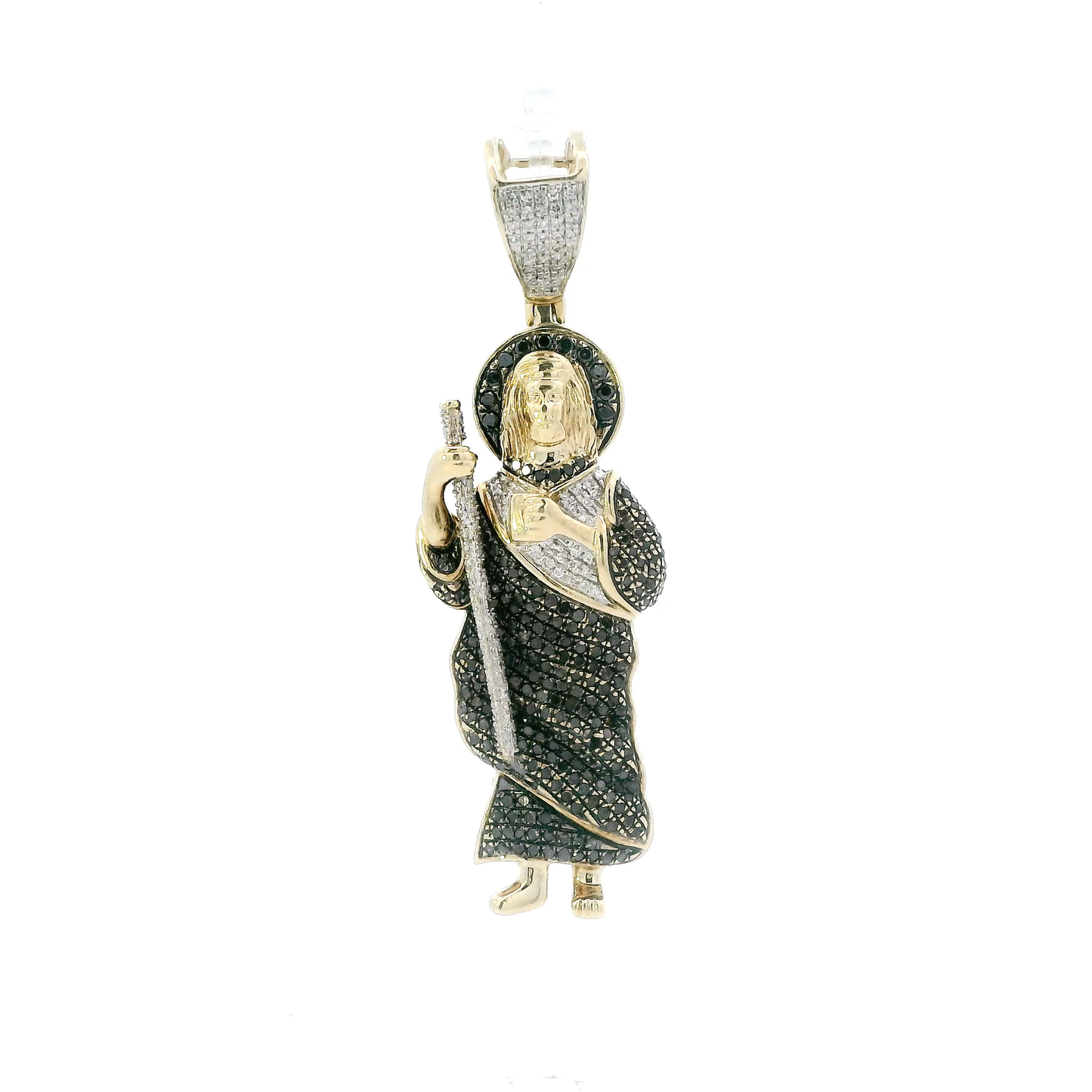 10K Yellow Gold White & Black Pave Diamond Religious Figure Pendant - 1.05ct