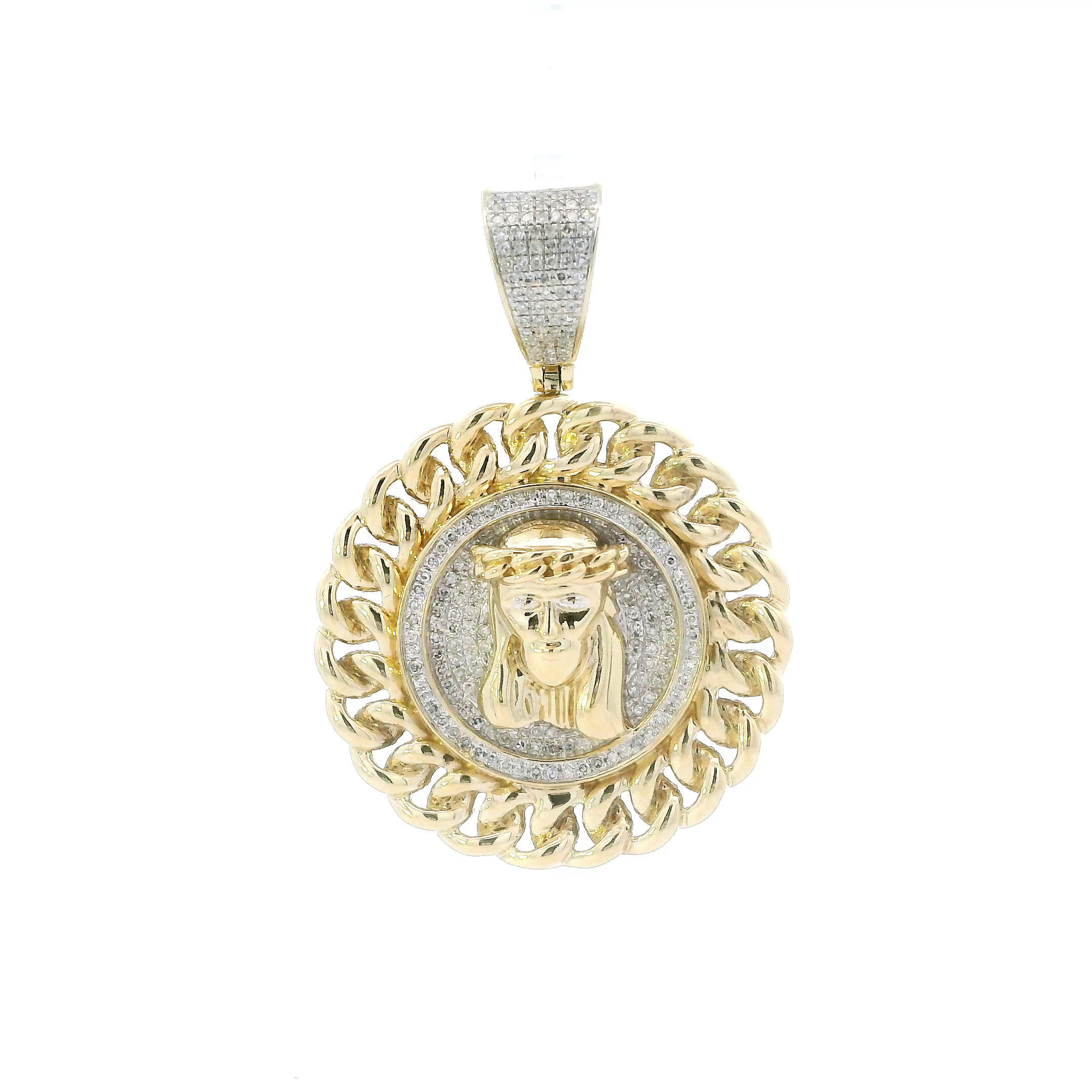 10K Yellow Gold Round Jesus Face Curb Chain Halo Pendant