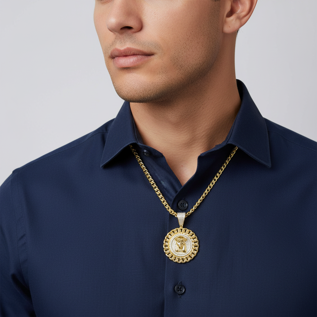 10K Yellow Gold Round Jesus Face Curb Chain Halo Pendant