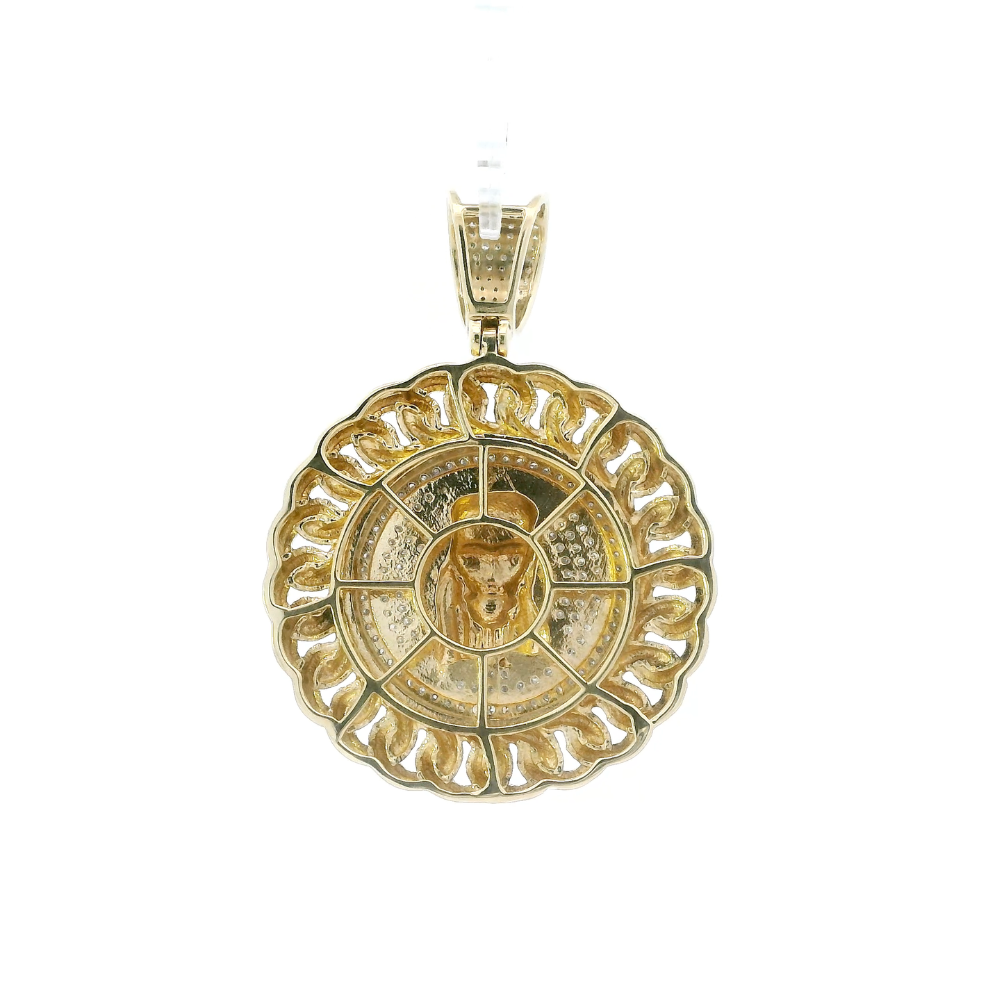 10K Yellow Gold Round Jesus Face Curb Chain Halo Pendant