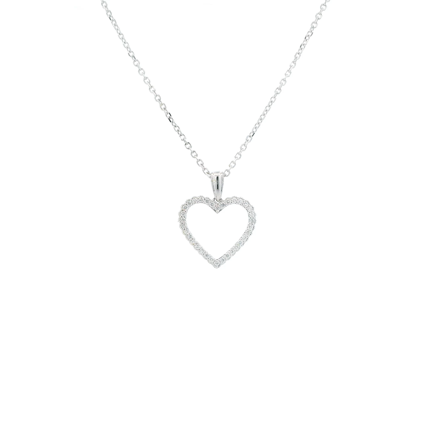 14K White Gold 16-18" Cable Chain & Diamond Heart Pendant - 0.22ct