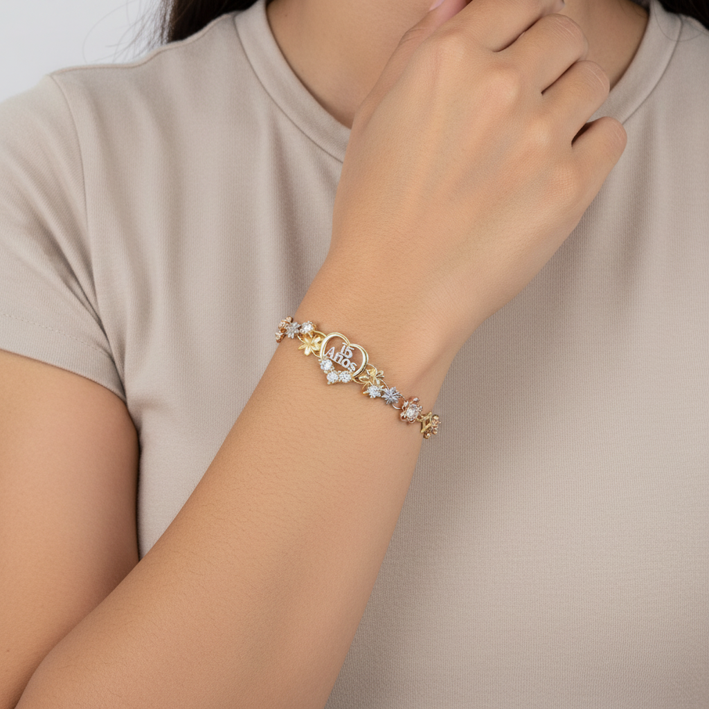 10K Tri Color Gold 7.25" 15 Anos Heart & Floral Design Bracelet