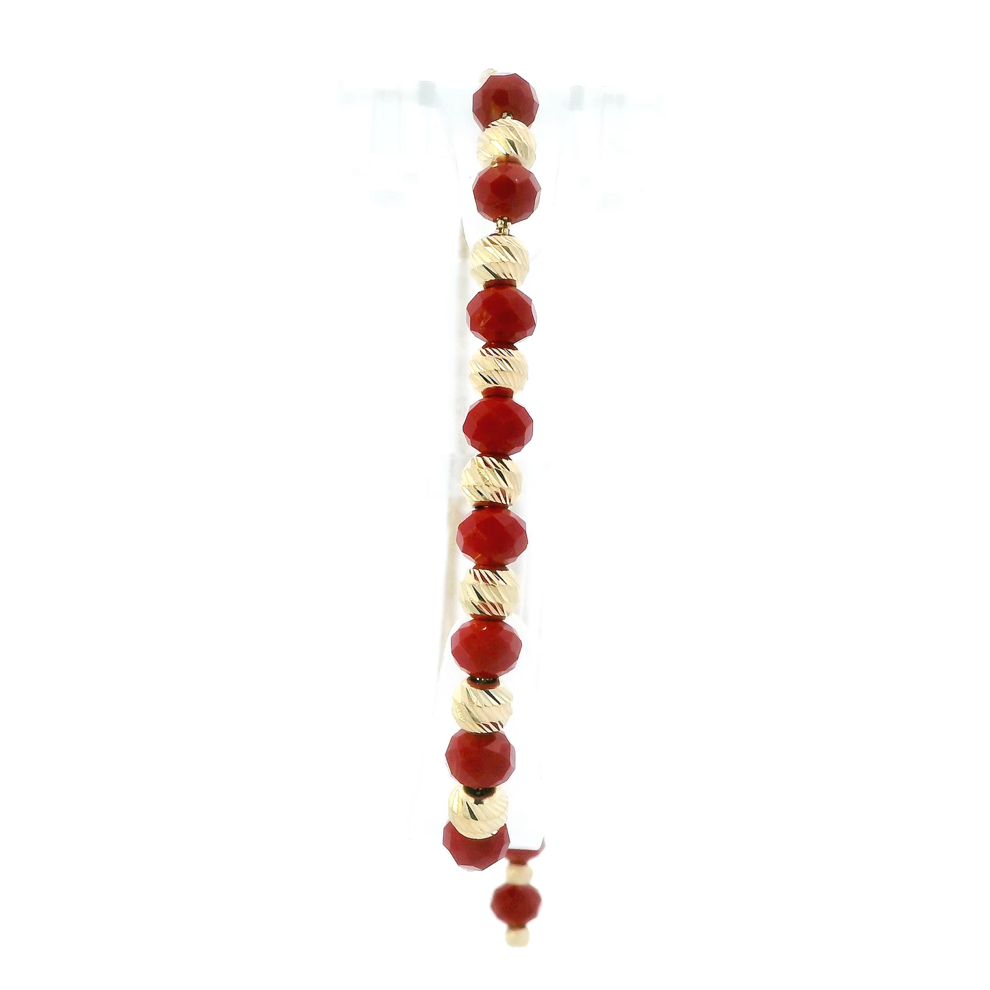 14K Yellow Gold Red Bead & Diamond Cut Bead Bracelet
