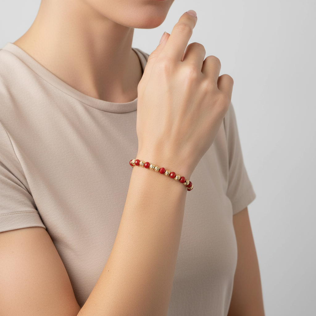 14K Yellow Gold Red Bead & Diamond Cut Bead Bracelet