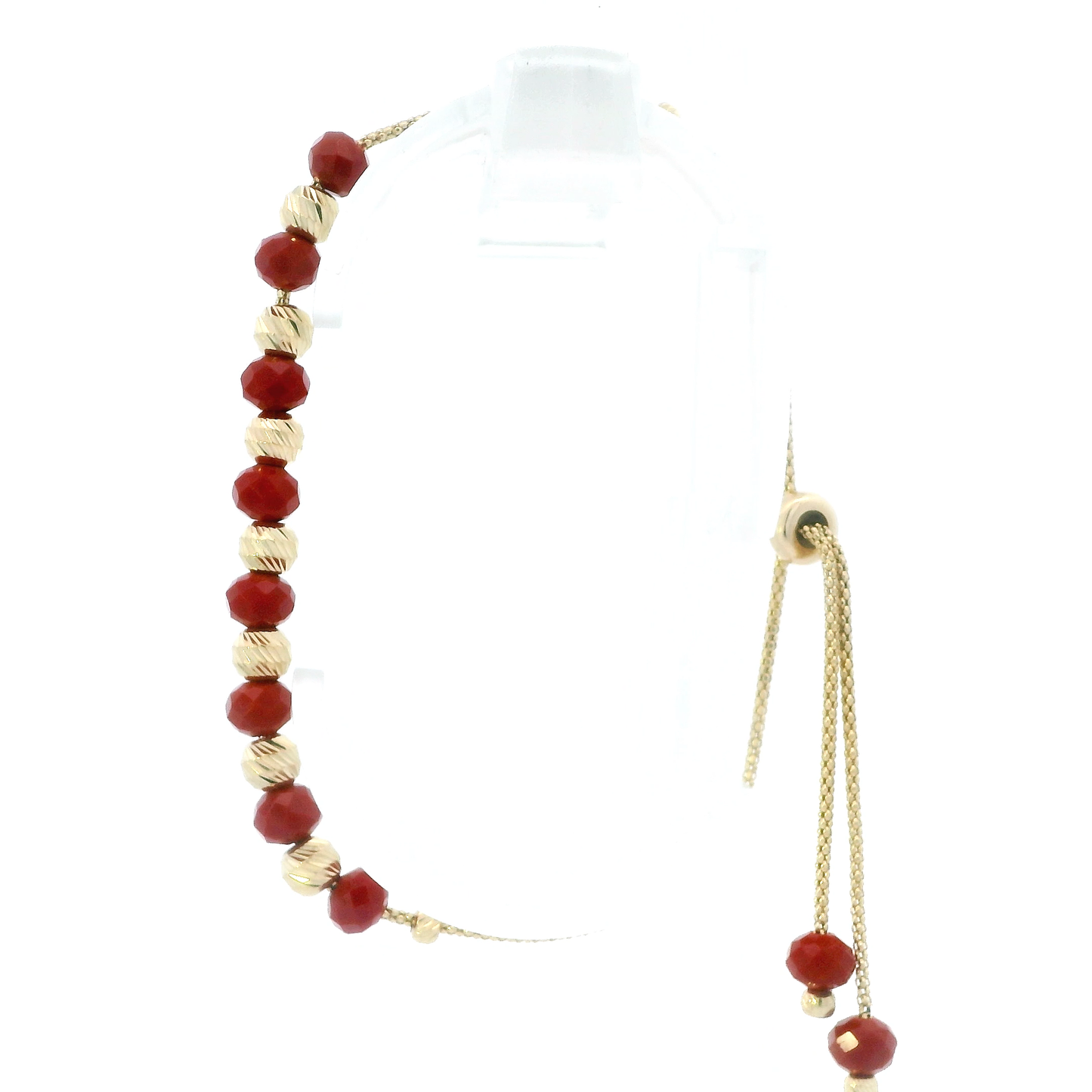 14K Yellow Gold Red Bead & Diamond Cut Bead Bracelet