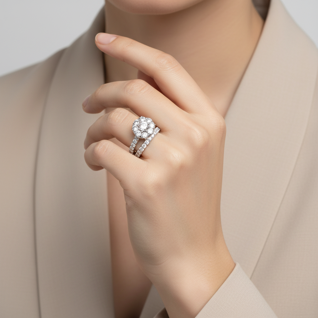10K White Gold Diamond Womens Engagement & Wedding Ring Set - 1.66ct