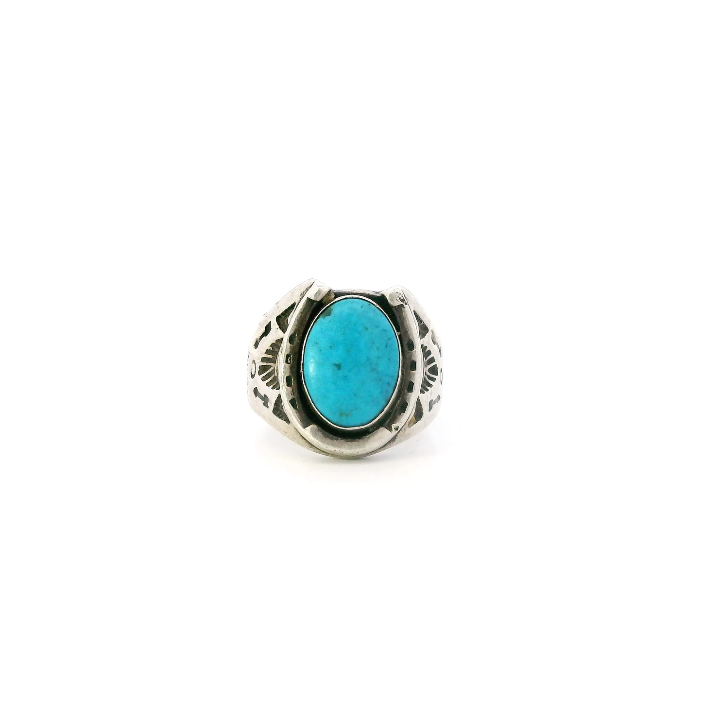 Sterling Silber Vintage Bell Trading Post Oval Turquoise Cabochon Horseshoe Ring
