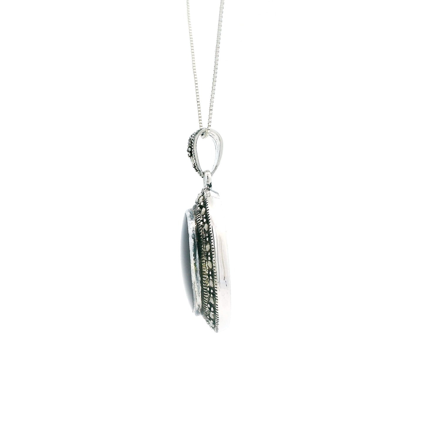 Silver 18" Box Chain & Oval black Onyx Marcasite Halo Pendant