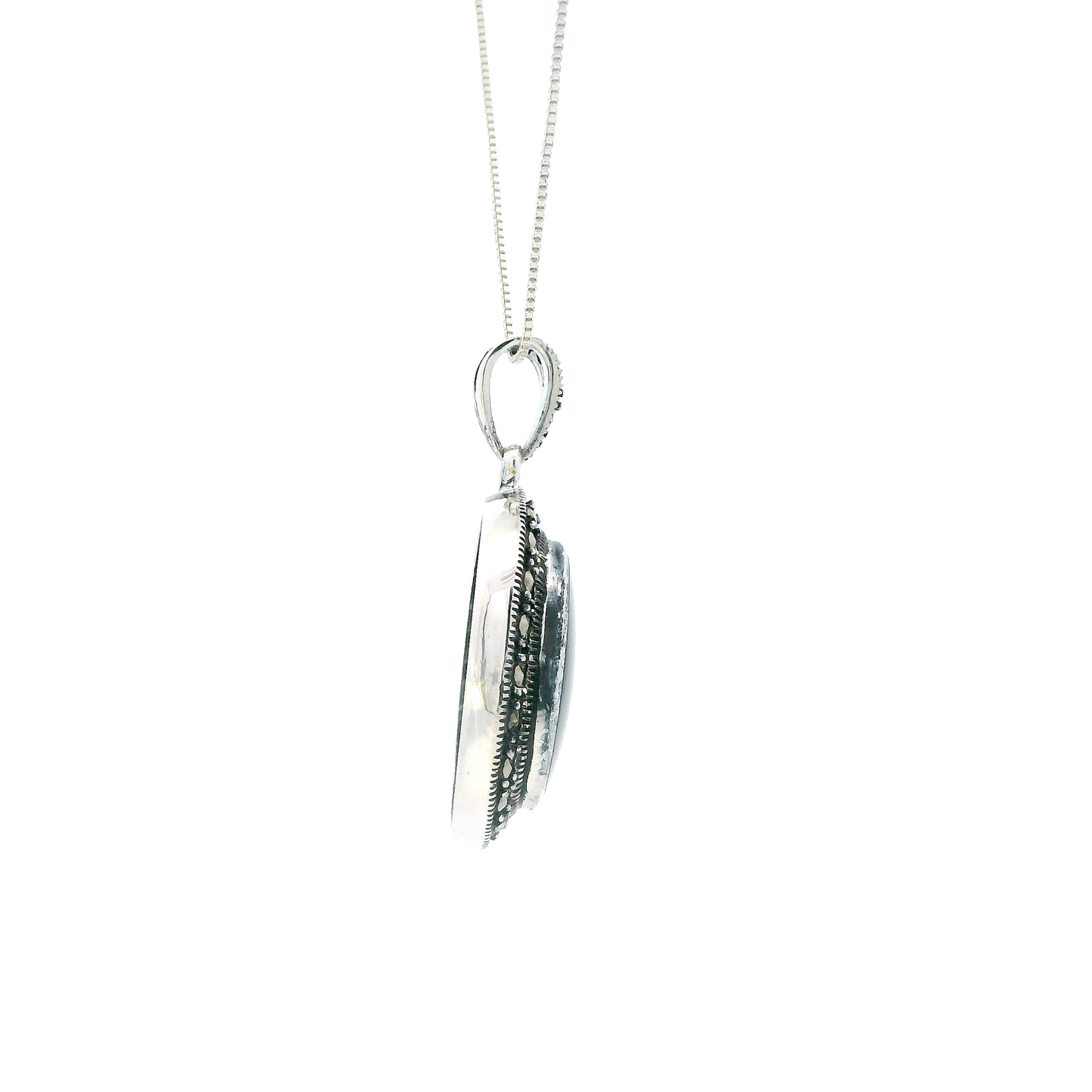 Silver 18" Box Chain & Oval black Onyx Marcasite Halo Pendant